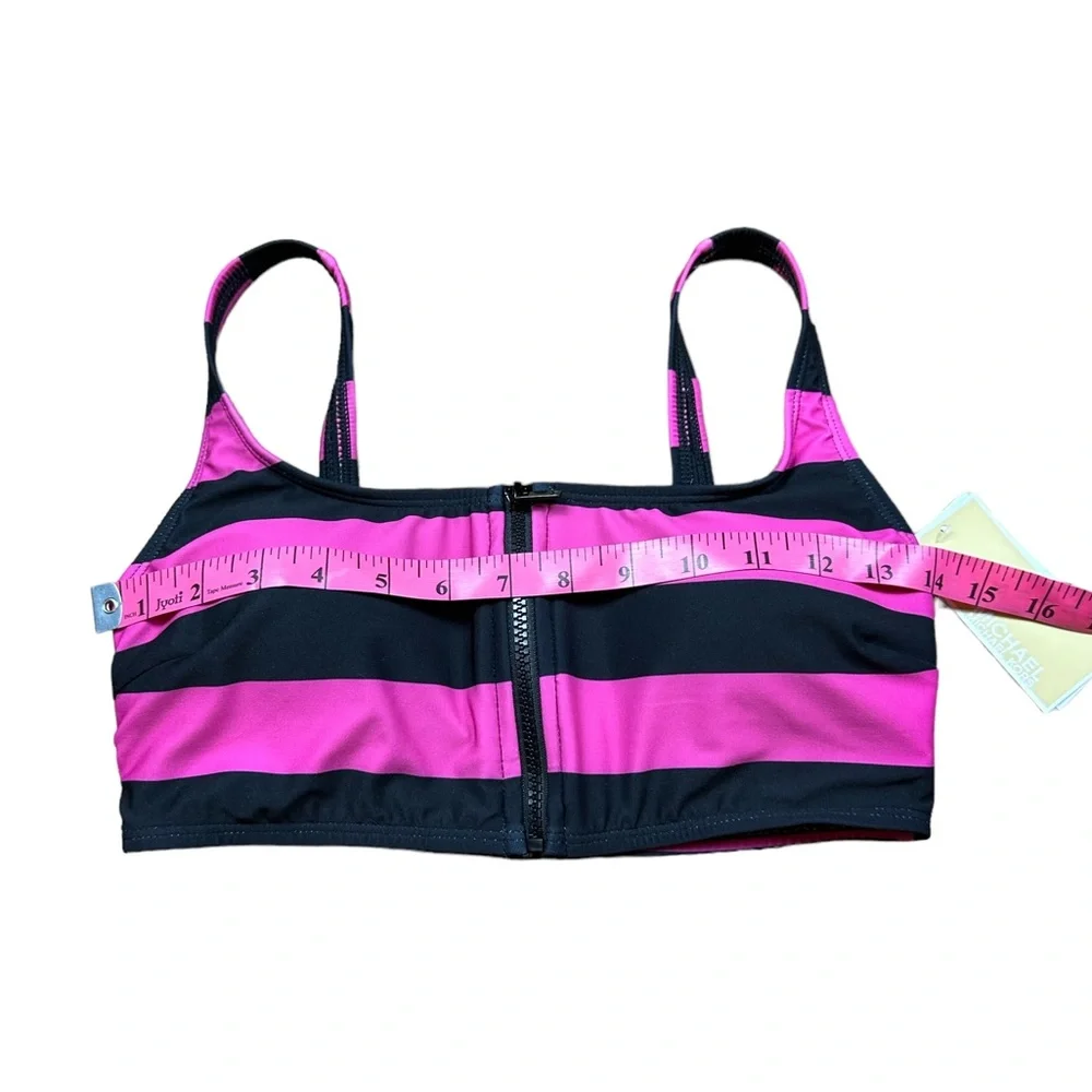 MICHAEL KORS: NWT Zip Front Pink Black Striped Bikini -Size Small